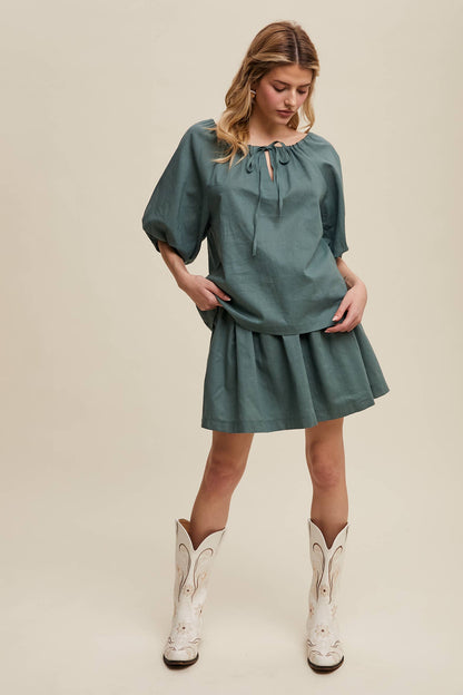 Listicle - Linen Puff Sleeve Blouse & Pleated Skirt Set