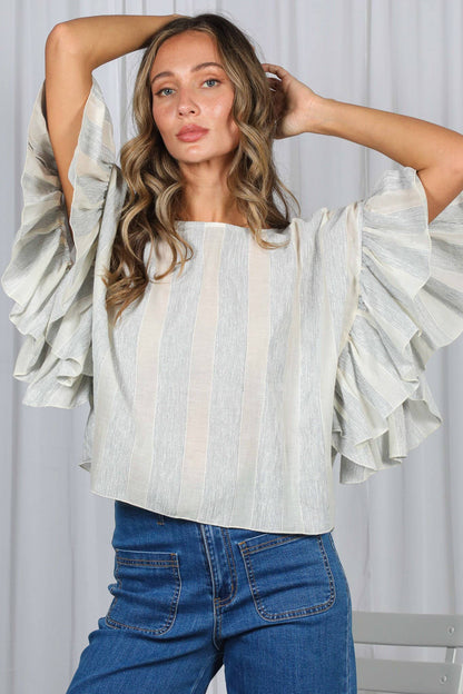 Wild Ruffle Embellished Sleeve Flowy Striped Top