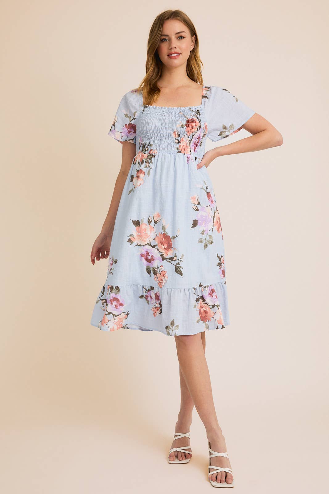 SMOCKING SHORT SLEEVE RUFFLE HEM FLORAL PRINT DRESS