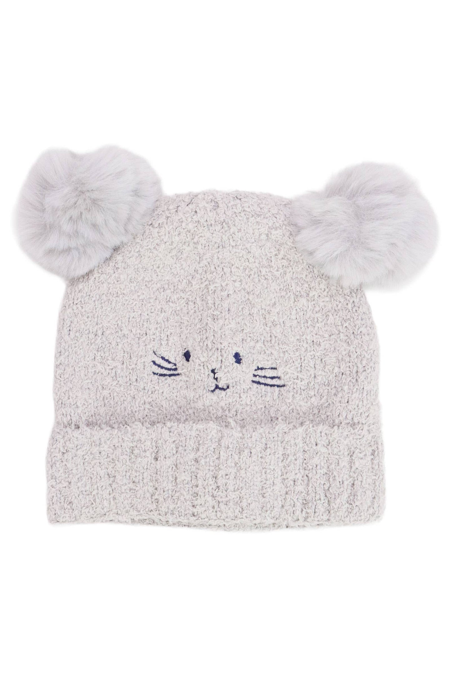 Cap Zone - Kids Kitty Cat Terry Fleece Double Pom Beanie
