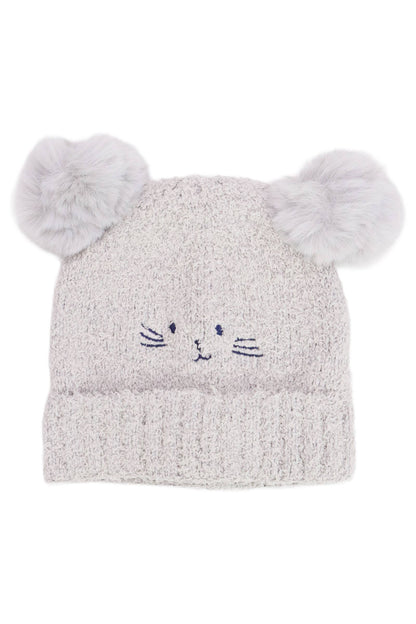 Cap Zone - Kids Kitty Cat Terry Fleece Double Pom Beanie