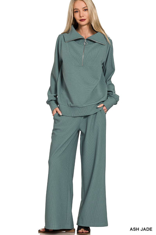 Ribbed High Neck Half Zip Pullover & Pants Set SI-28339