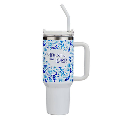 Christian Art Gifts - Tumbler w/straw SS Blue Floral Trust Prov. 3:5