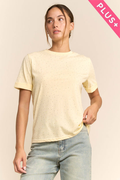 Davi & Dani - PLUS RHINESTONE EMBELLISHED RELAXED CREW NECK TEE