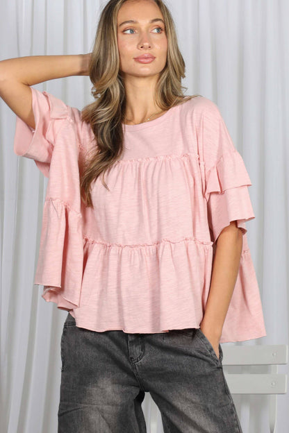 Vine & Love - Ruffle Tired Crew Neck 100%Cotton Top VT83163
