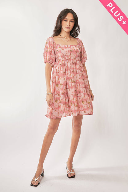 Davi & Dani - PLUS FLORAL BALLOON SLEEVE RUFFLE STRAP MINI DRESS