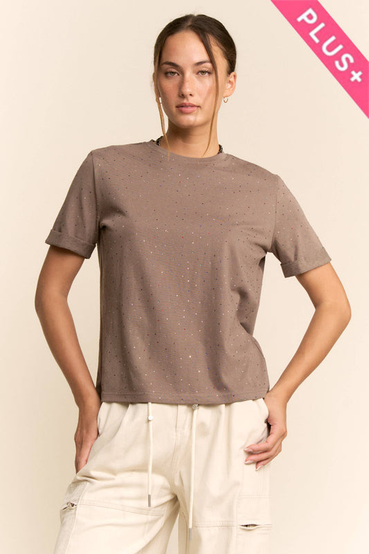 Davi & Dani - PLUS RHINESTONE EMBELLISHED RELAXED CREW NECK TEE