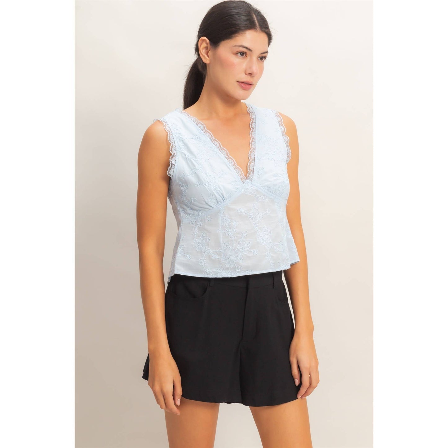 HYFVE - V-Neck Floral Lace Trim Top
