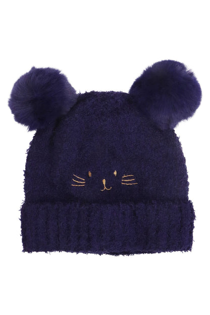 Cap Zone - Kids Kitty Cat Terry Fleece Double Pom Beanie