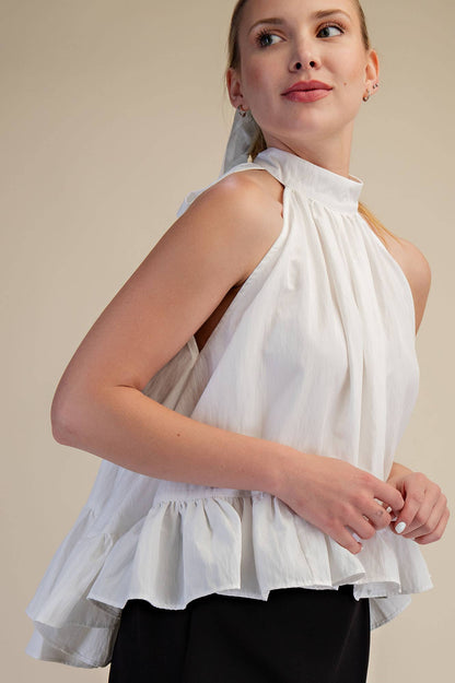 Glam - Halter Neck Sleeveless Back Neck Tie Ruffle Top