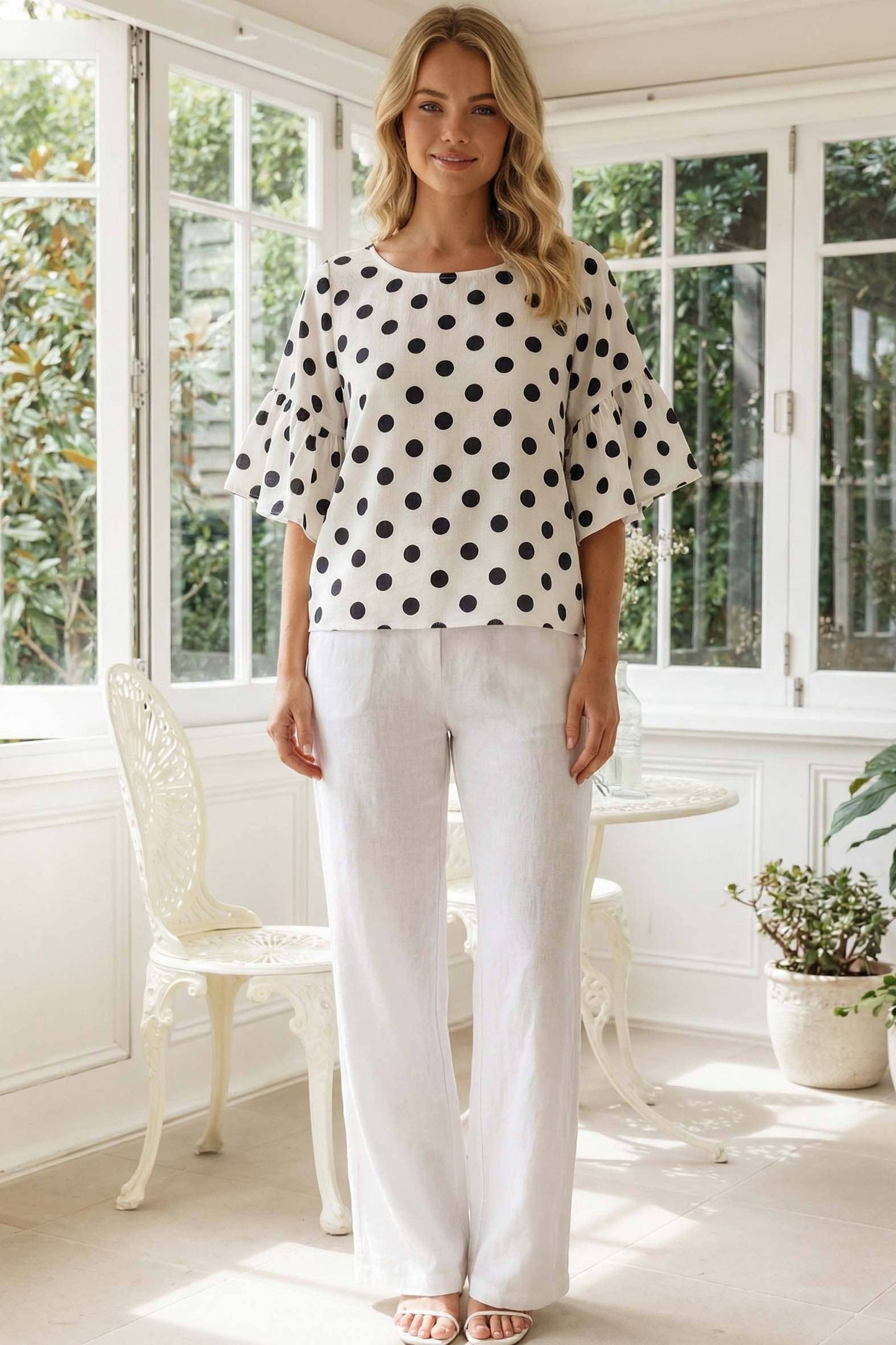Vine & Love - Polka Dot Wild Ruffle Sleeve Flowy Blouse Top VT83104D