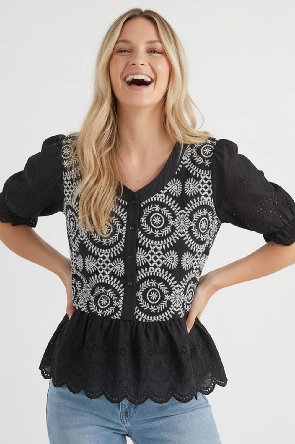 Kori America - BUTTON DOWN EYELET LACE SHIRTS BLOUSE