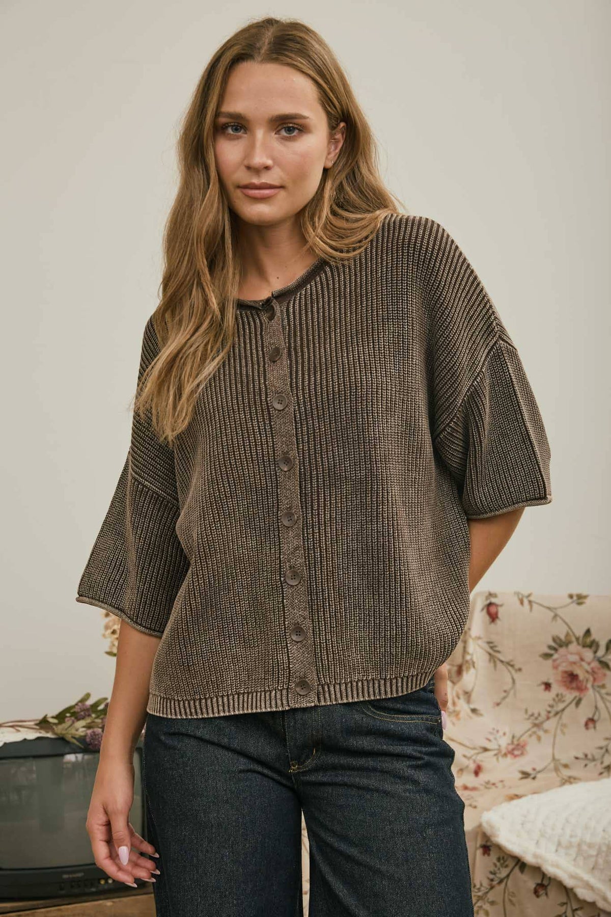 WASHED RIBBED SHORT SLEEVE ROLLED EDGE CARDIGAN