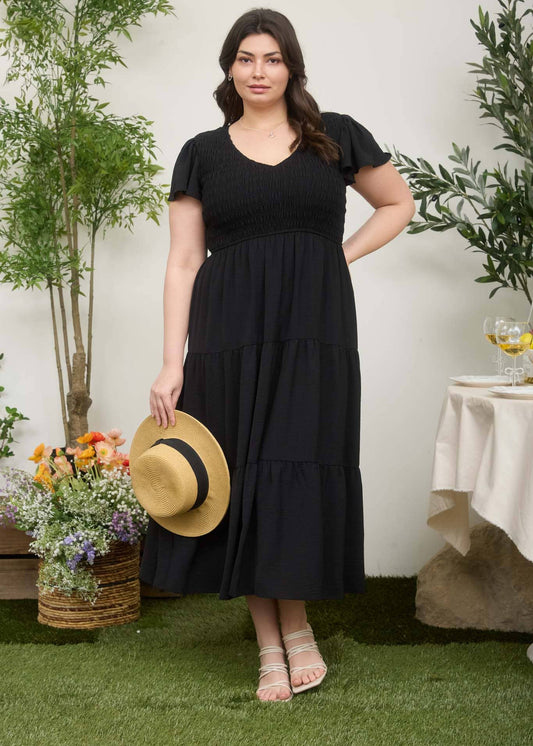 PLUS FLUTTER SLEEVE V NECK SMOCKED MIDI DRESS