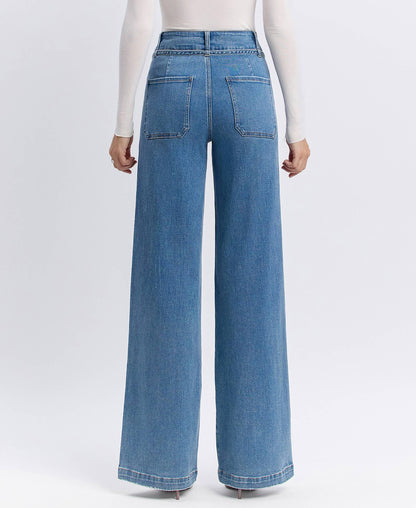 VERVET by FLYING MONKEY - SUPER HIGH RISE TIE WAISTBAND WIDE LEG JEANS T6765