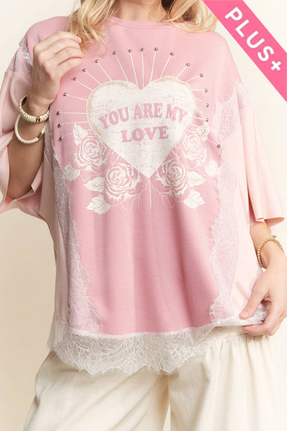 PLUS YOU ARE MY LOVE PRINT LACE SHORT SLEEVE TOP
