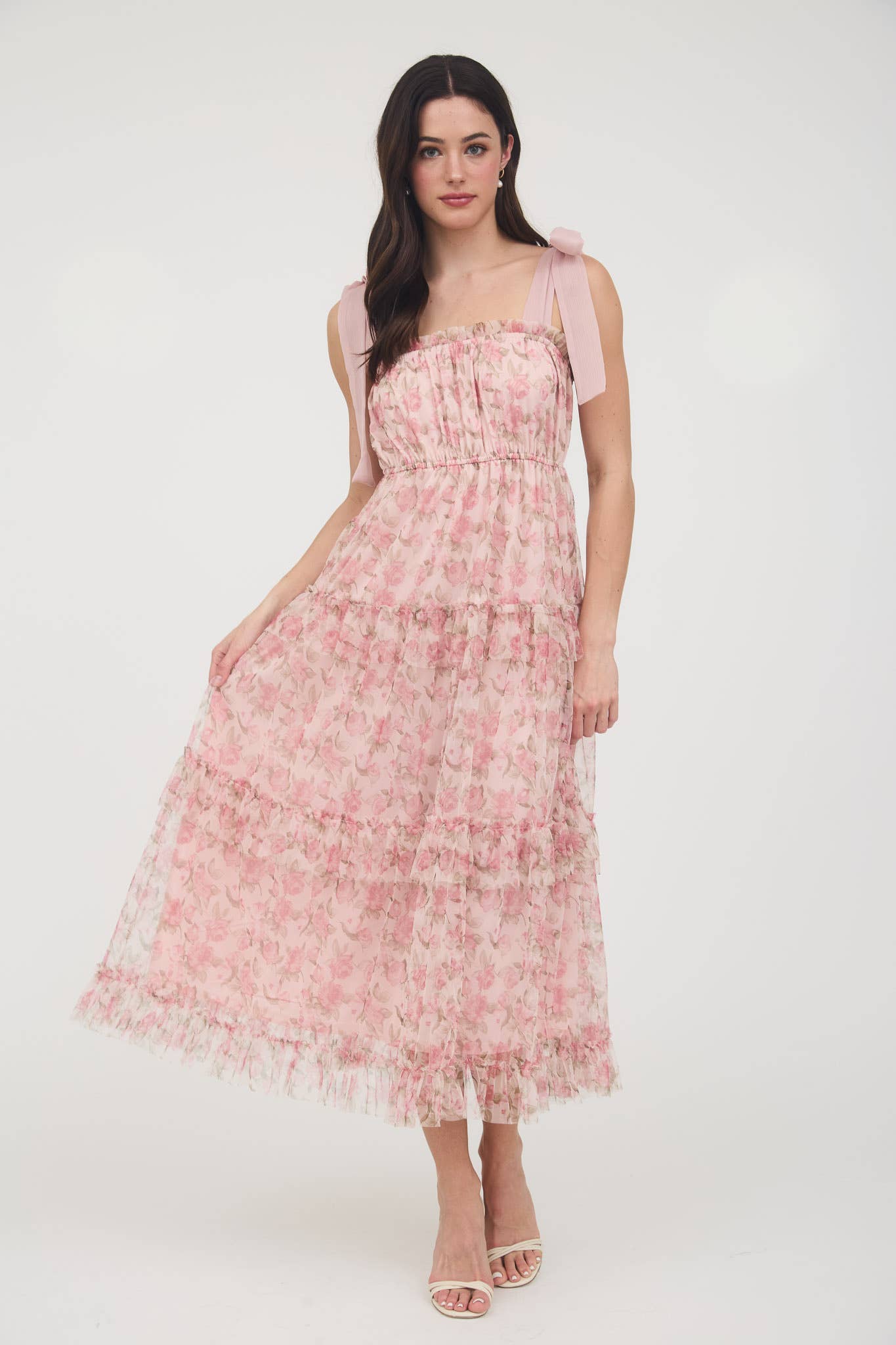 FLORAL TIE STRAP RUFFLE TRIM TIERED MAXI DRESS