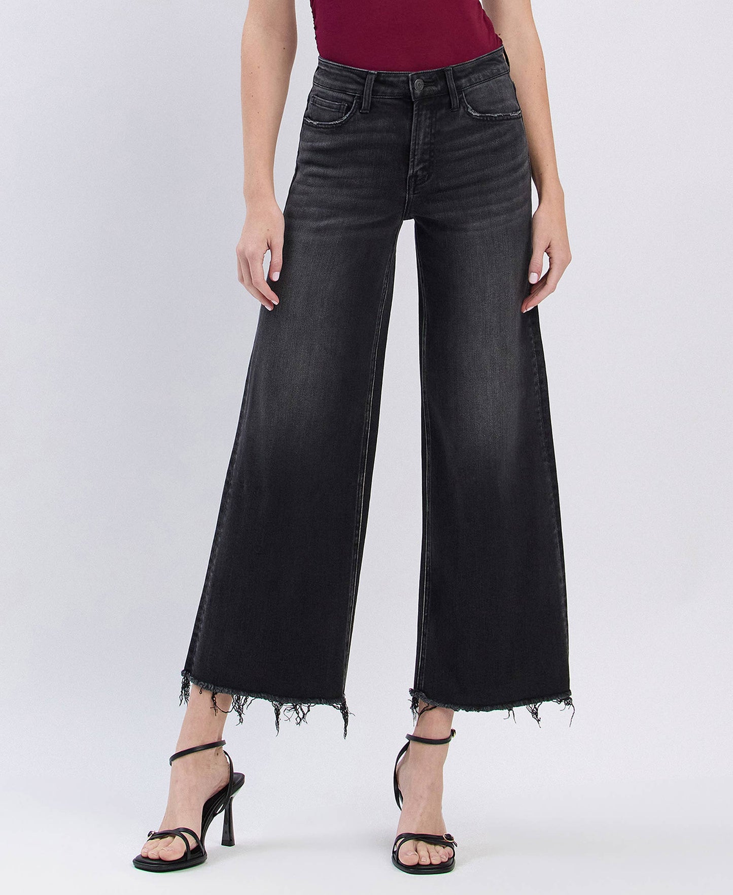 FLYING MONKEY - HIGH RISE FRAYED HEM ANKLE WIDE JEANS F5840