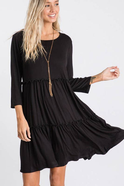 BLACK SOLID DRESS WITH RUFFLE DETAIL