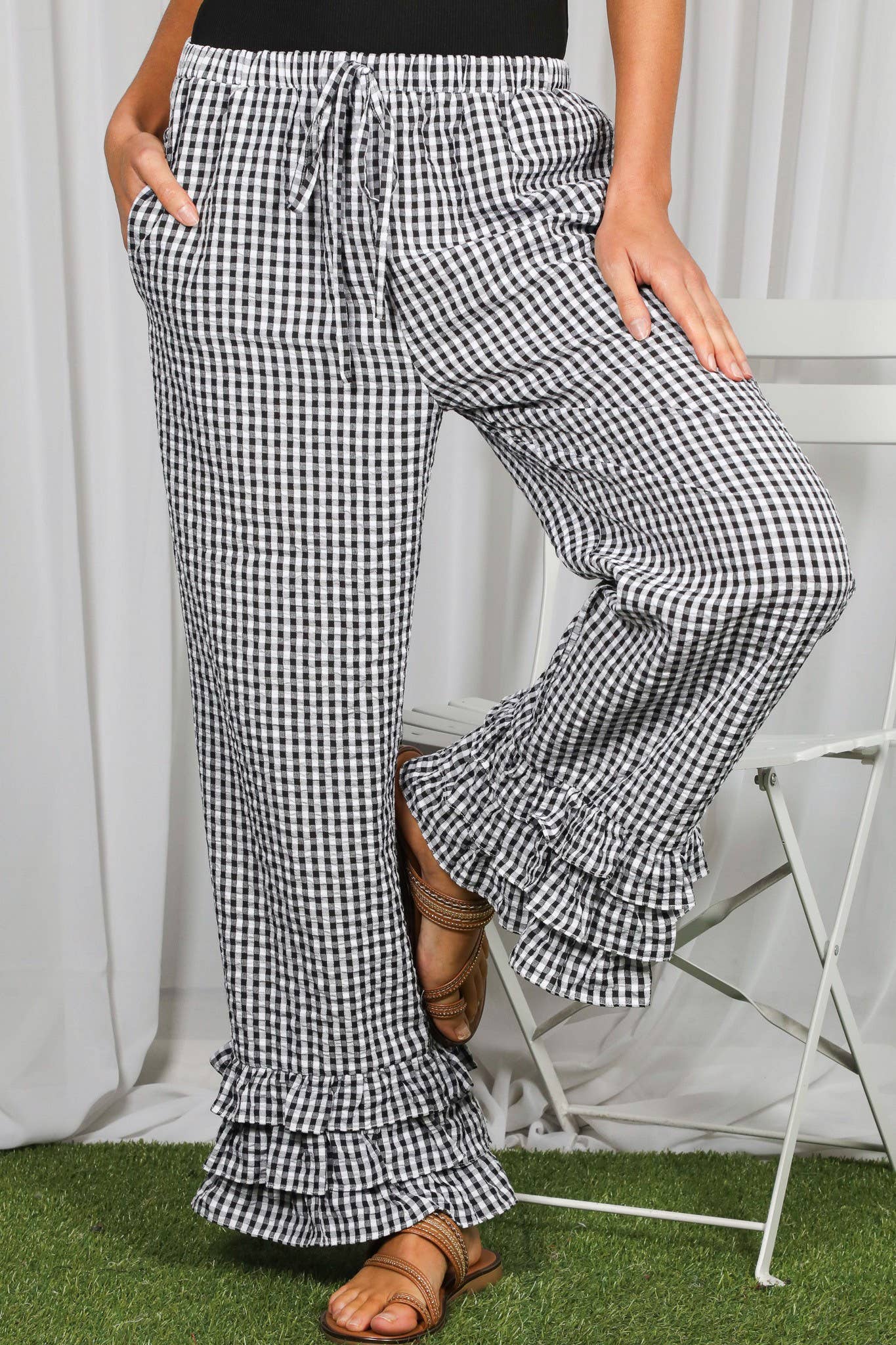 Vine & Love - Gingham Layered Ruffle Hem Cropped Pants VP83333A