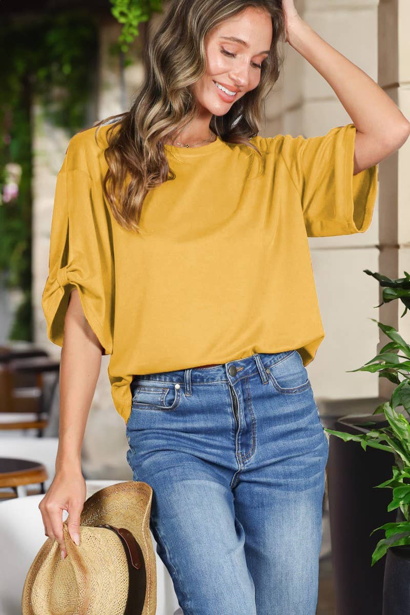 Vine & Love - Tie Accent Sleeve Soft Casual T-Shirt Top VT82907