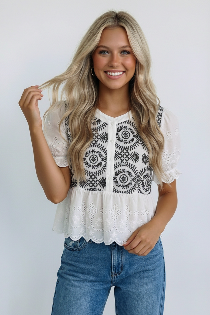 Kori America - BUTTON DOWN EYELET LACE SHIRTS BLOUSE