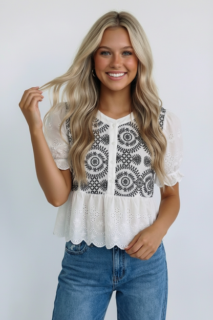 Kori America - BUTTON DOWN EYELET LACE SHIRTS BLOUSE