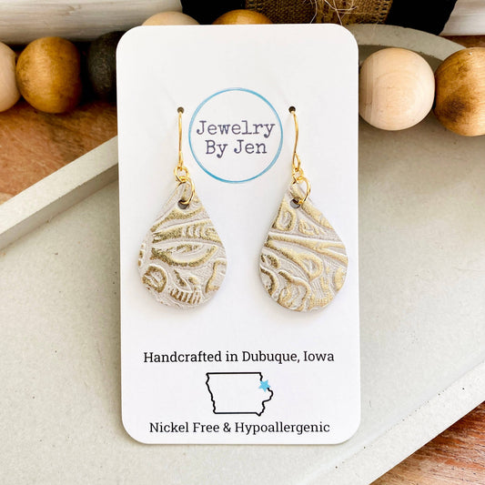 Jewelry By Jen - Small Teardrop: Cream & Platinum Tooled