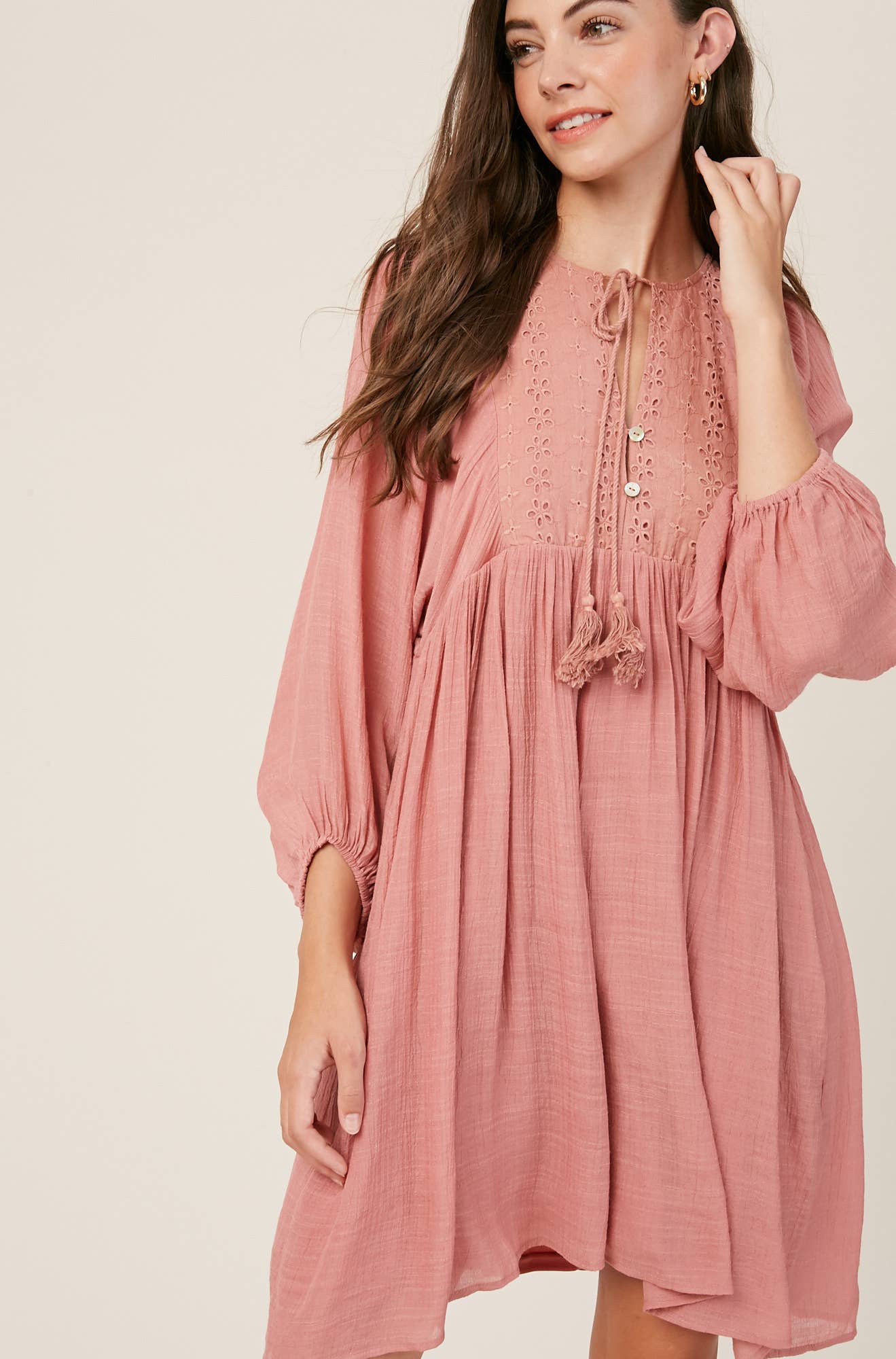 Listicle - Embroidered Tassel Tie Babydoll Dress