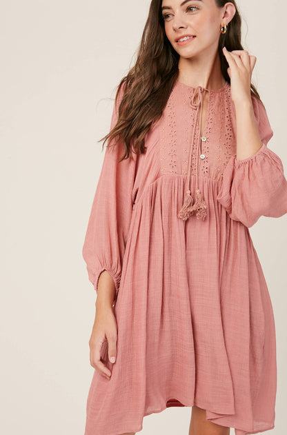 Listicle - Embroidered Tassel Tie Babydoll Dress