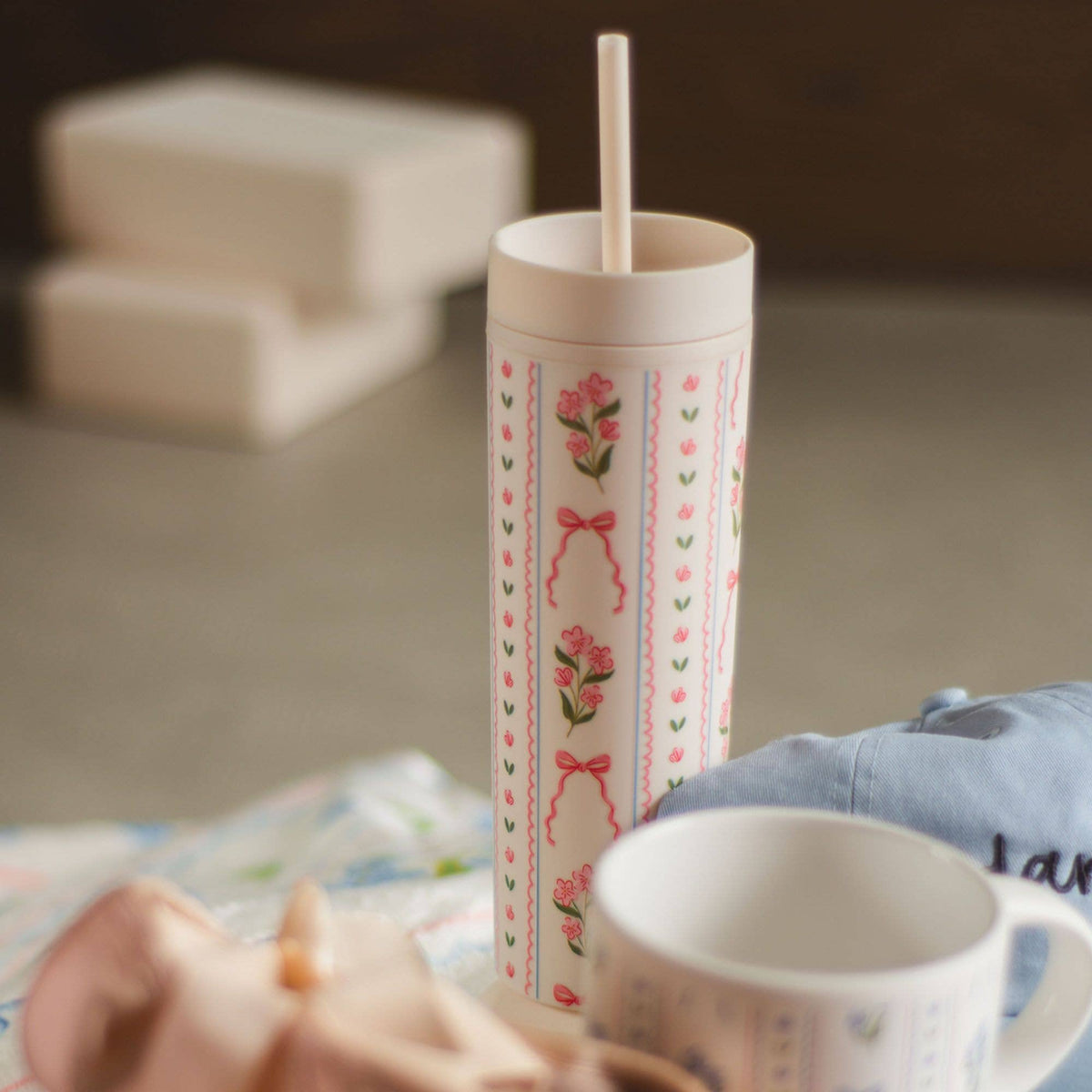 Pippi Post - Pink Floral & Coquette Bows 16oz Skinny Acrylic Tumbler
