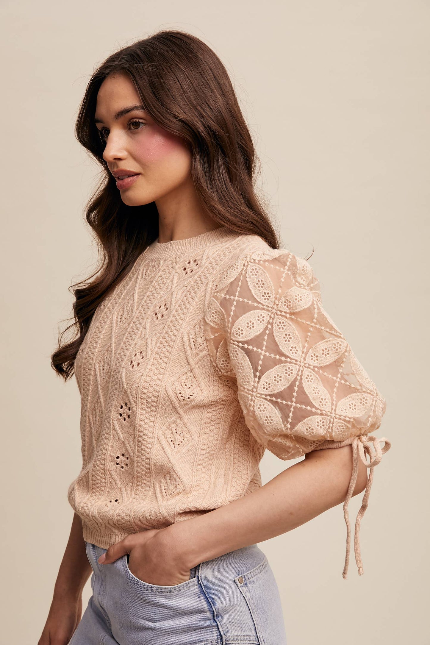 Listicle - Eyelet Puff Sleeve Knit Sweater Top