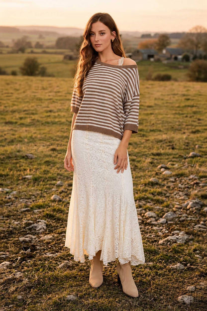 STRIPE CONTRAST TRIM SHORT SLEEVE KNIT SWEATER