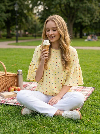 Vine & Love - Colorful Polka Dot Short Ruffle Sleeve Knit Top VT82765A