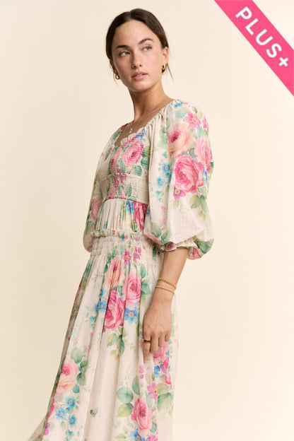 Davi & Dani - PLUS FLOWER PRINTED CHIFFON MAXI DRESS