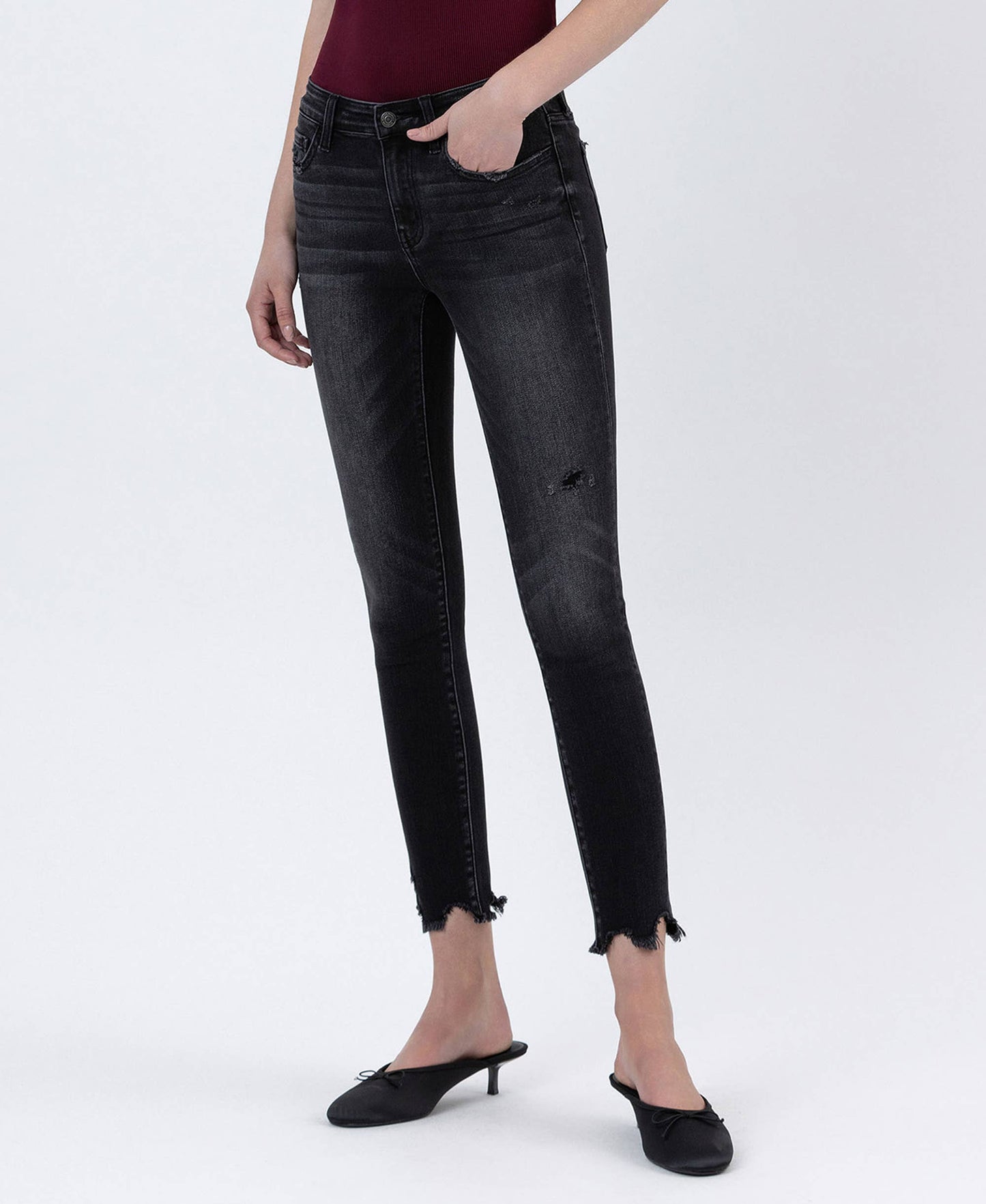 FLYING MONKEY - MID RISE UNEVEN RAW HEM CROP SKINNY JEANS