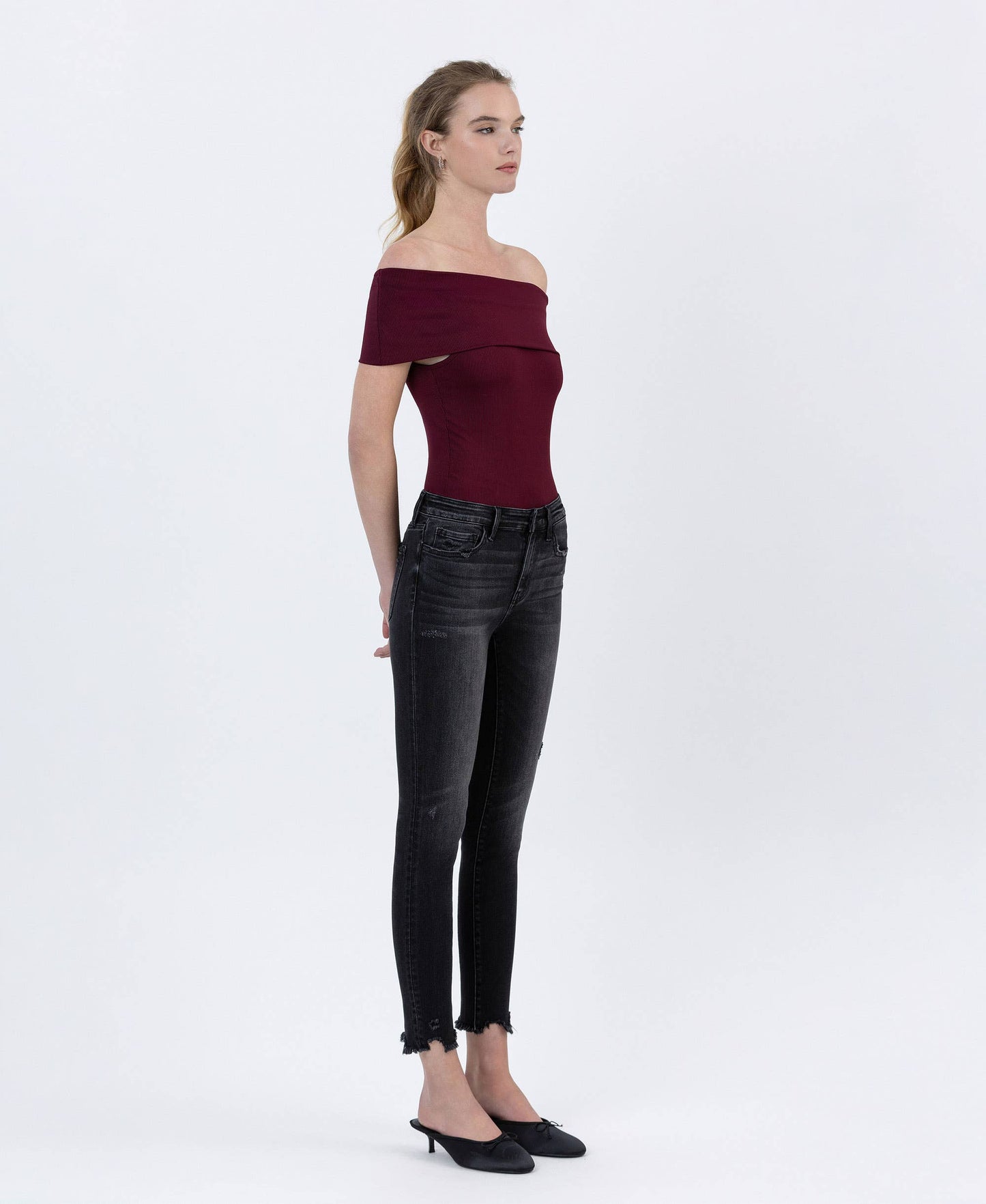 FLYING MONKEY - MID RISE UNEVEN RAW HEM CROP SKINNY JEANS