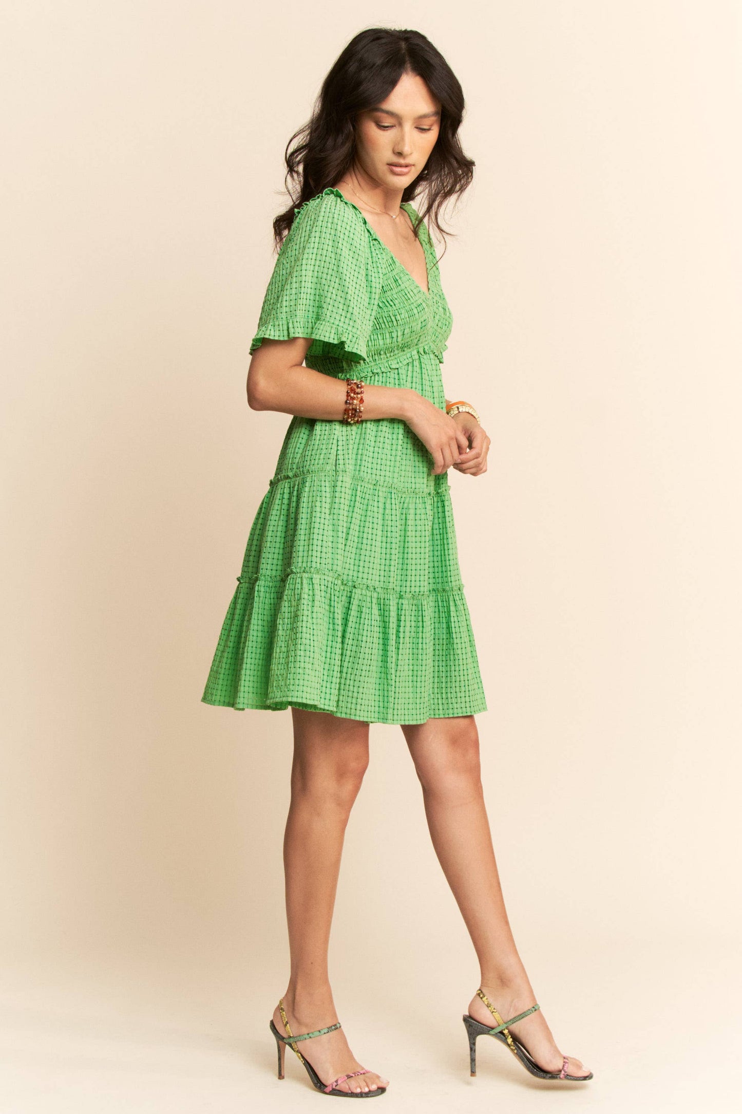 PLUS SMOCKING BODICE RUFFLE SLEEVE TIERED DRESS