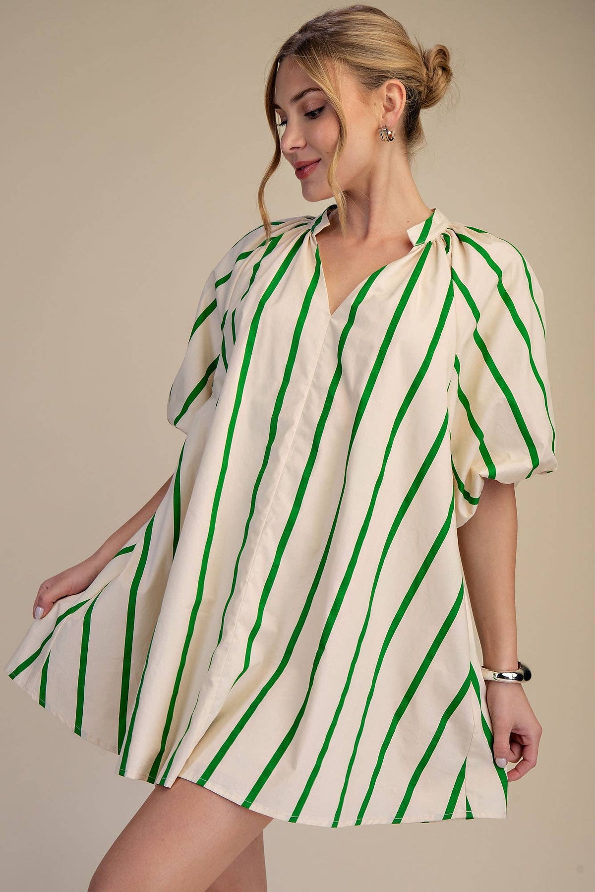 Glam - Puff-Sleeve Stripe Mini Shift Dress