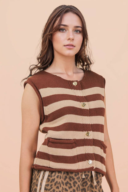 Brown Stripe Button Down Knit Sweater Top