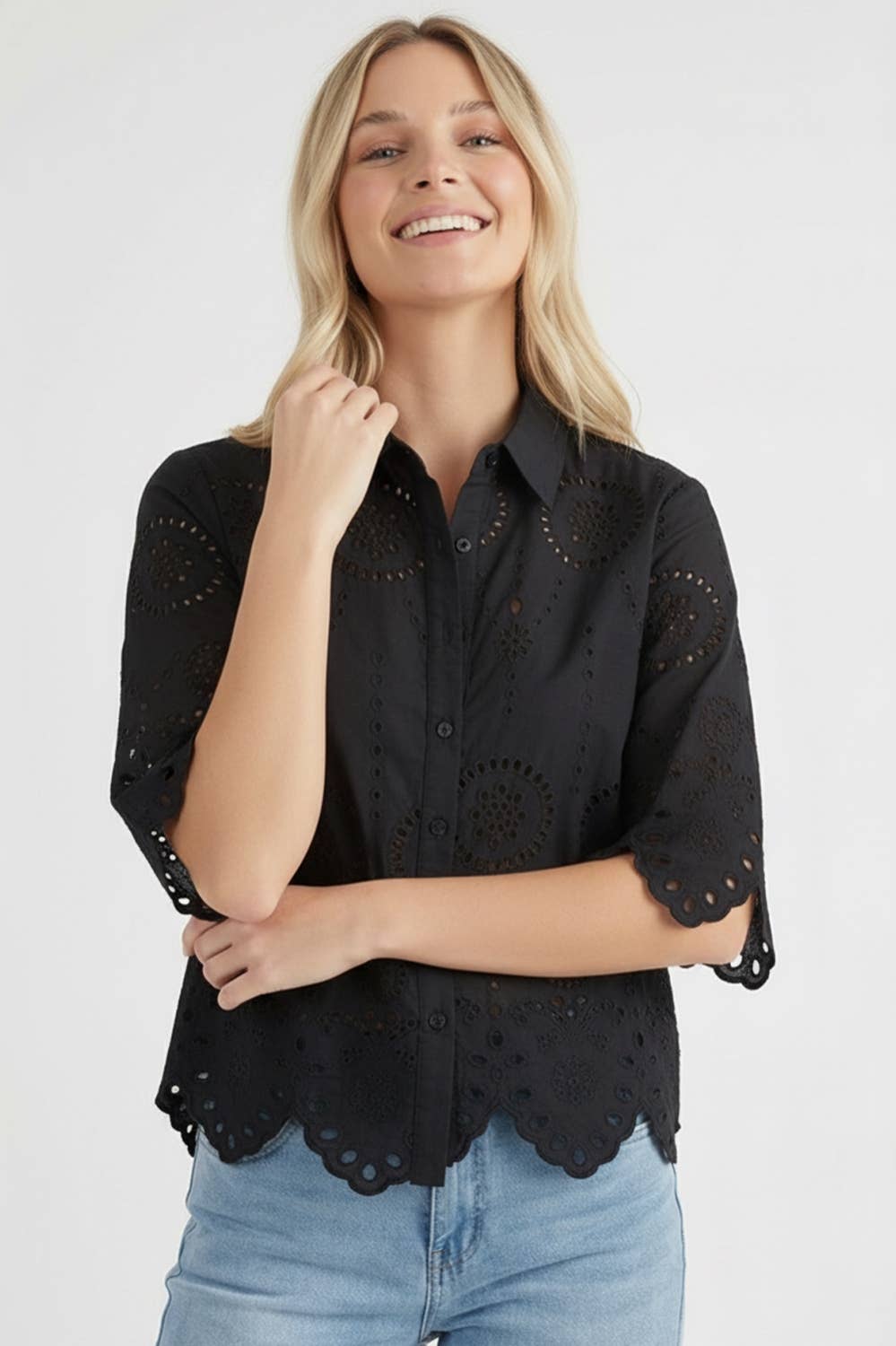 Kori America - BUTTON DOWN EYELET LACE SHIRTS BLOUSE