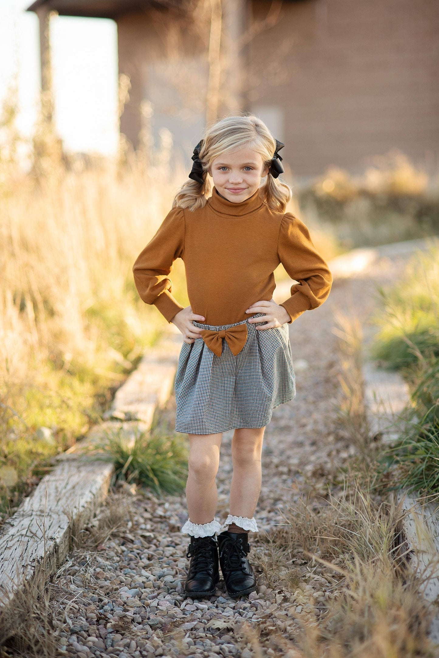 Wren & James - Kids Carmel Puff Sleeve Top & Bow Check Fall Skirt Set