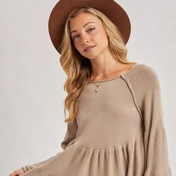 Over Stitch Tiered Baby Doll Bell Sleeved Sweater