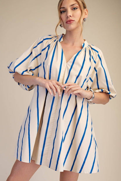 Glam - Puff-Sleeve Stripe Mini Shift Dress