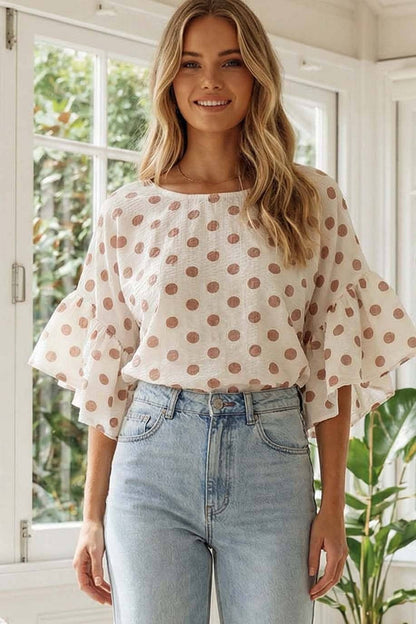 Vine & Love - Polka Dot Wild Ruffle Sleeve Flowy Blouse Top VT83104D