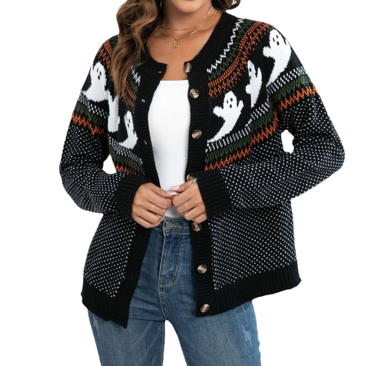 Suhkasana - Halloween Ghost Cardigan Women Vintage Polka Dot Sweater