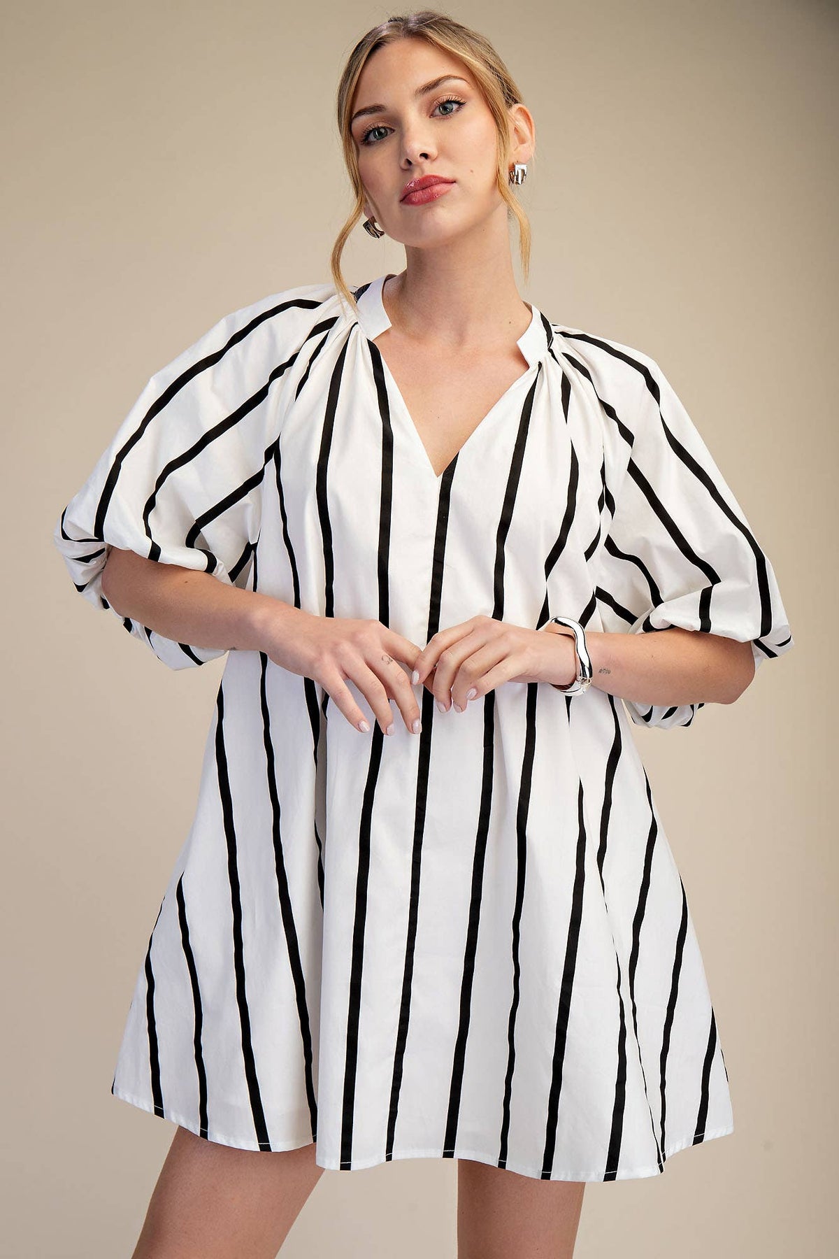 Glam - Puff-Sleeve Stripe Mini Shift Dress