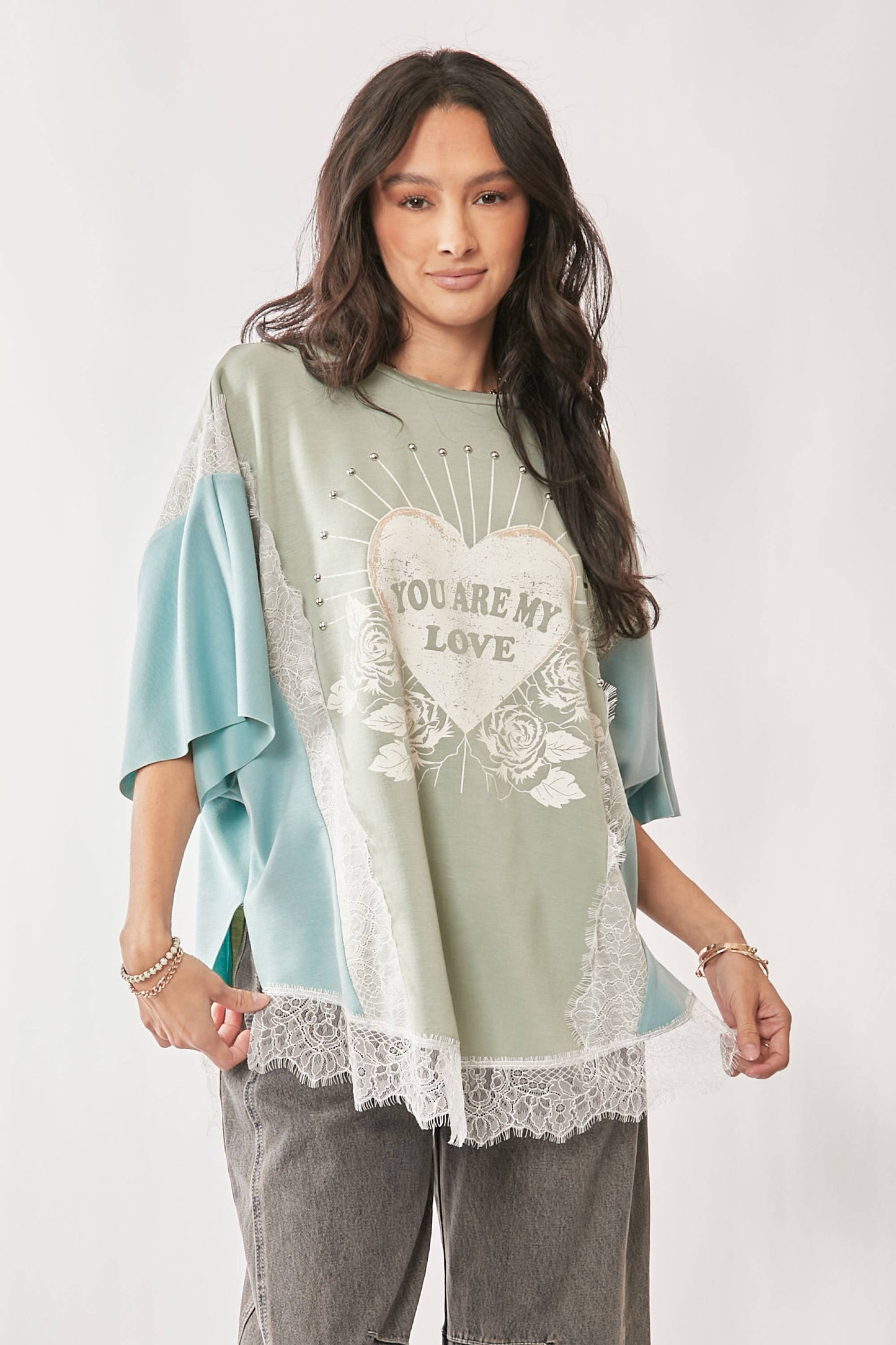 PLUS YOU ARE MY LOVE PRINT LACE SHORT SLEEVE TOP