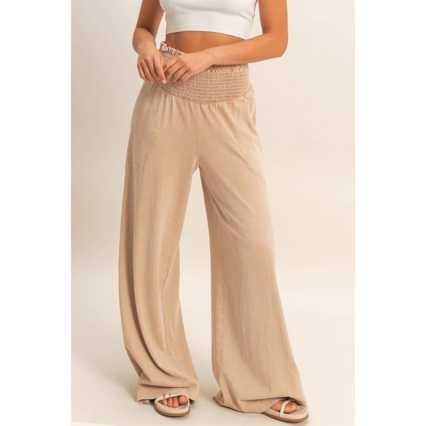HYFVE - Mineral Washed Wide-Leg Smocked Waist Pants