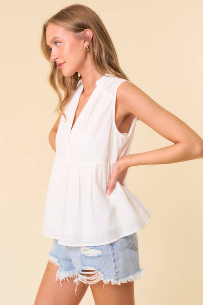 Textured Cotton Collared Split V-Neck Sleeveless